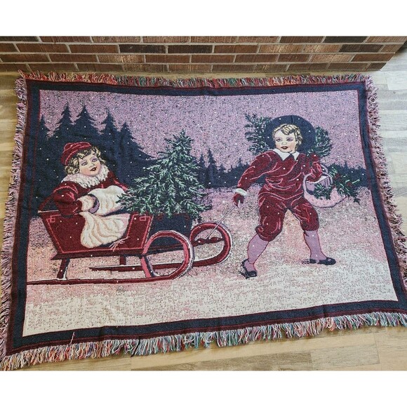 Christmas Sledding Children Woven Victorian Tapestry Throw W/Fringe 68"x49" Gift - Picture 5 of 13